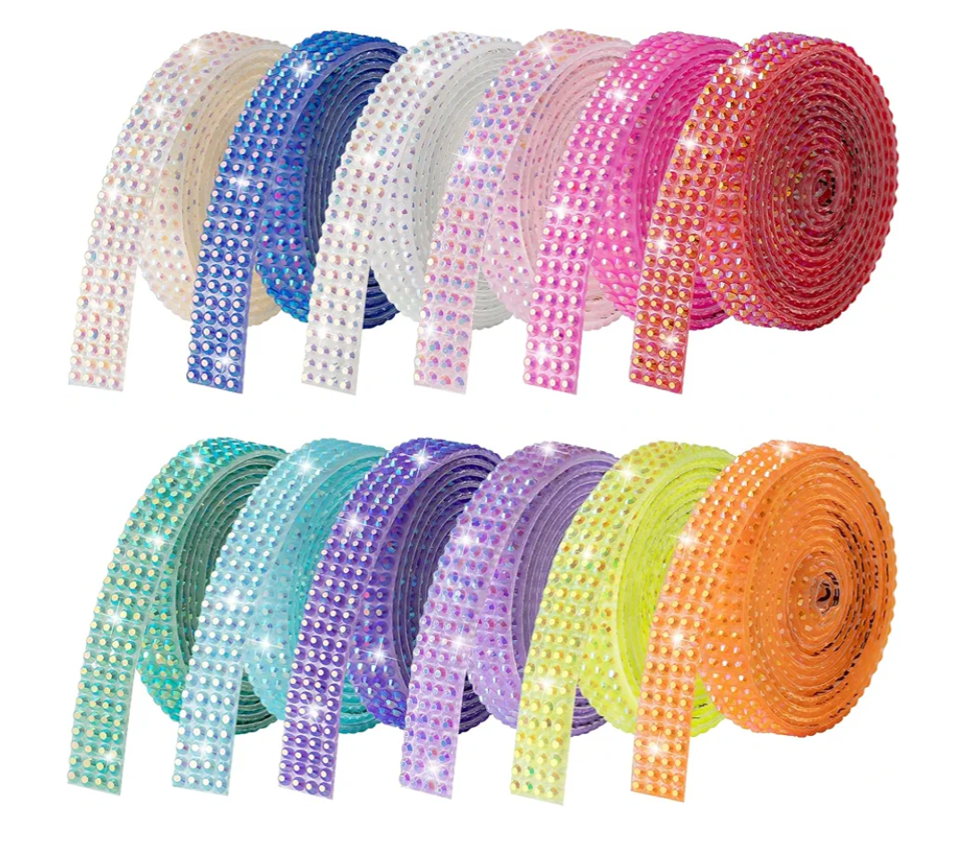 Rhinestone Ribbon Self Adhesive Crystal Rhinestones, 12-Rolls Bedazzling Strips, 12-Yard Rhinestone Strips for DIY Craft, Rhinestones for Crafting