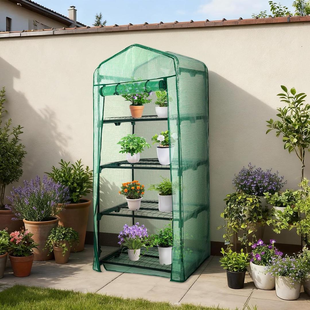Aoodor 27x19x63 Inch 4 Tier Upgrade Greenhouse with Protective PE/PVC Base for Tidier and Cleaner Indoor Outdoor Gardening on the Deck, Patio or Backyard, Green