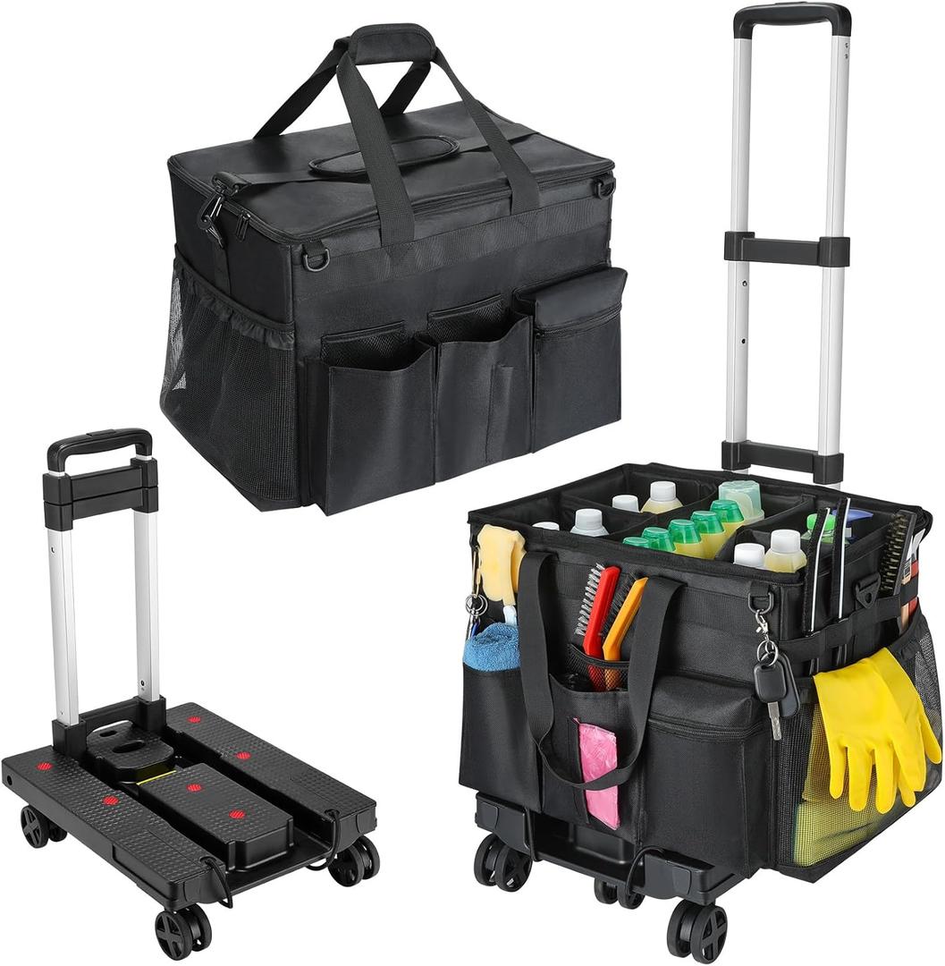 Extra Large Rolling Cleaning Caddy Bag with Detachable Trolley, Upgraded 360 Free Rotating with 5 Wheels and Dust-Proof Lid, Professional Cleaning Supplies Bag for Housekeepers, Black