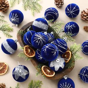 Namalu 24 Pcs Royal Blue Velvet Glitter Christmas Ball Ornaments Bulk 2.36" Flocked Christmas Tree Ball Ornaments Set Shatterproof Xmas Bulbs Tree Decorations for Holiday Wedding Party Decor