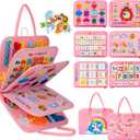 AIXMEET Toddler Busy Board Montessori Toys, Sensory Board Busy Book, Toys for Toddlers 3456 Year Old, Preschool Learning Activities with Life, Shape,Color,Animal,Weather,8 Pages (Pink)