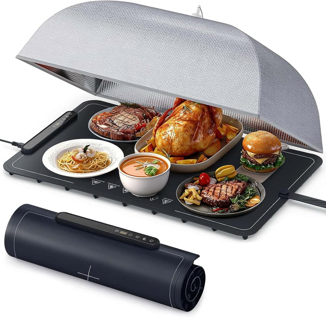 Zarler Warming Mat for Food with Insulated Cover, Food Warming Mat with 7 Temperature Modes and 6 Timer Settings, Electric Warming Tray Surface Heating, Foldable Warming Trays for Buffets Christmas (Black)