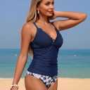 ZAFUL Womens Tankini Swimsuits Smocked 2 Piece Bathing Suits Modest Tie Back Swimwear (Blue, L)