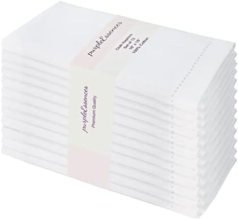 PurpleEssences Set of 6 Hemstitch Cloth Dinner Napkins 100% Cotton - Soft Durable Washable - Ideal for Wedding Fall Thanksgiving - Perfect Everyday Use Table Linen 18x18 - White