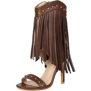 Women's Fringed High Heels Side Zipper Ankle Sandal Boots Studded Heeled Sandals, Size 12