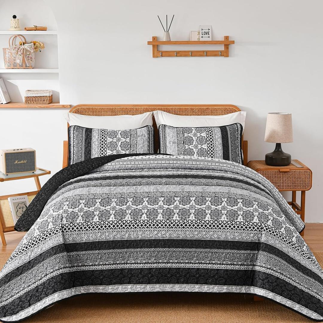WONGS BEDDING Boho Quilt Set Full Size, Grey Bohemian 3 Pieces Quilt Sets, Lightweight Microfiber Bedspread Coverlet Bedding Set for All Season (78"x90")
