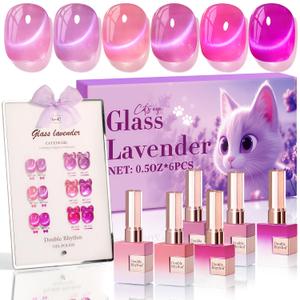 Double Rhythm Cat Eye Gel Nail Polish Set of 6 Same Color Same Bottle 0.5 Oz Shimmer Glitter with Magnet Holographic Reflective Magnetic UV Polish Kit at Home (Glass Purple Lavender -T6-47)