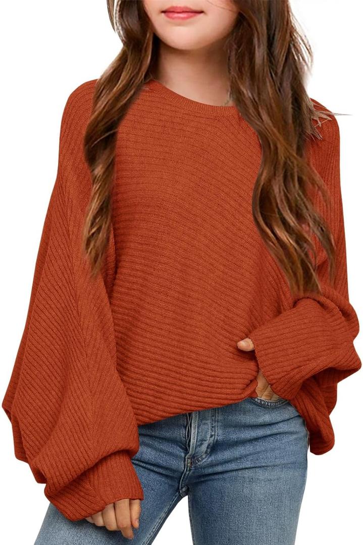 Mafulus Girl's Oversized Crewneck Fall Sweaters Kids Batwing Long Sleeve Slouchy Chunky Cute Pullover Jumper Shirts 5-14T (7-8 Years, Orange)
