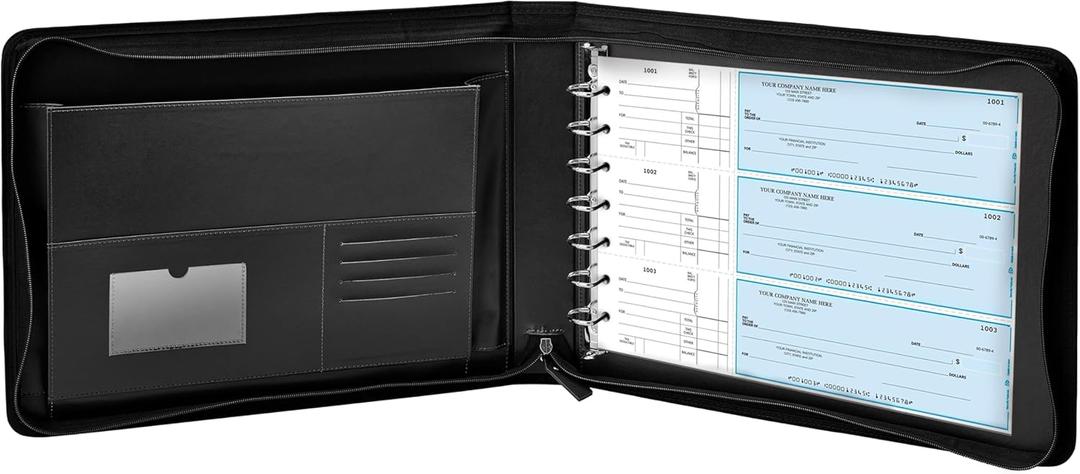 GALLAWAY LEATHER 7 Ring Checkbook Binder for Business Checks, PU Leather Check Binder Portfolio with Zipper,600 Checks Capacity,for Executive and Personal Use (Black)