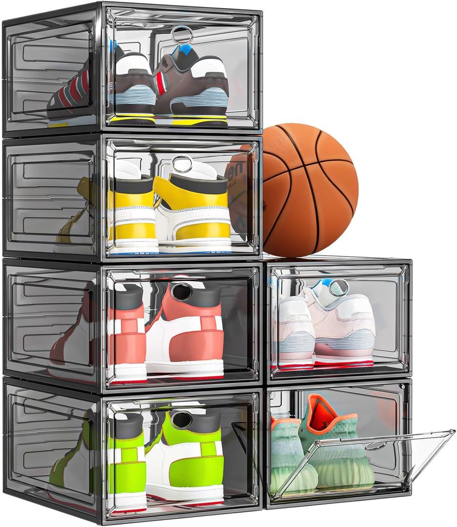 Thicken & Sturdy Clear Shoe Storage Organizer with Magnetic Door, Stackable Boxes for Closet, Foldable Shoe Rack for Sneaker Boot Container, Plastic Shoe Cabinet Shoe Box 6 Pack, Black (6 pcs)
