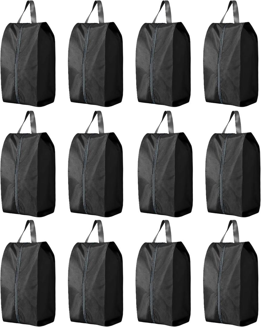 Travel Shoe Bags, Set of 12, Large Oxford Fabric Storage Bags with Zipper and Handle, Water-Resistant Pouches (Black)