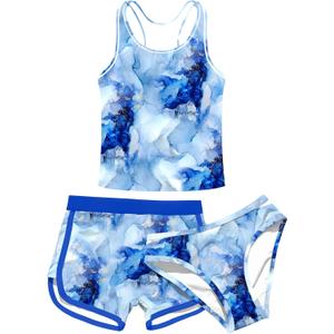 Enlifety 8-18T Girls 3 Piece Tankini Swimsuit Racerback Bathing Suit with Shorts & Briefs (12-13 Years, Blue Marble)