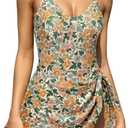 SHEKINI Women's Tummy Control One Piece Swimdress Drawstring Bathing Suits V Neck Swimwear (Yellow Flower), M