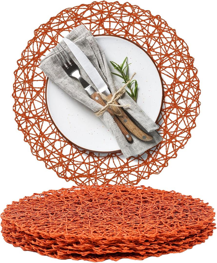 AHHFSMEI Paper Braided Round Placemats Set of 6 Natural Non-Slip Heat Resistant Table Mats for Dining Tables Woven Indoor & Outdoor Place mats(Burnt Orange)