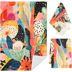 Abstract Boho Floral Kitchen Towels Set of 2 - Colorful Floral Hand Towels 16x24In Maximalist Eclectic Geometric Tea Towels, Mid Century Modern Decorative Dish Towels for Home Bathroom & Kitchen Decor