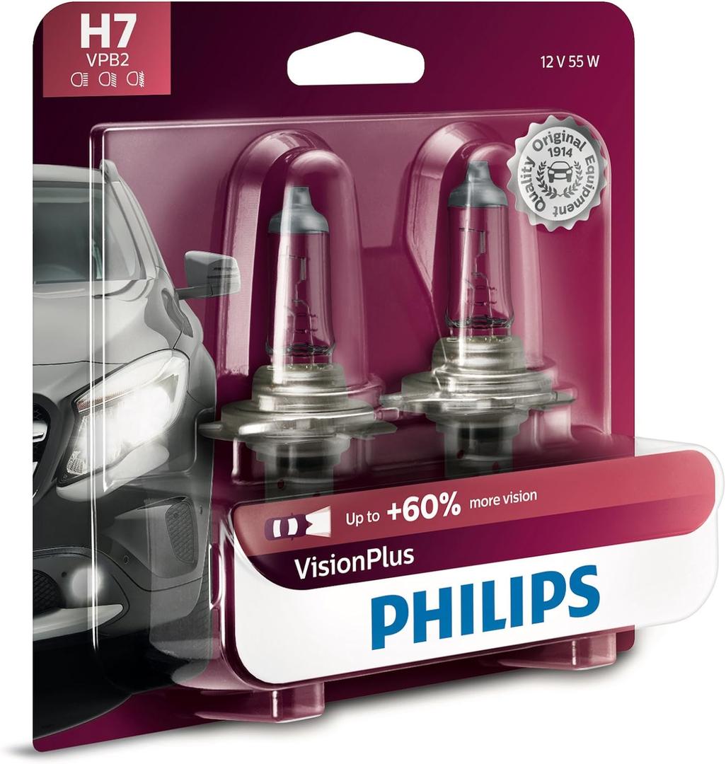 Philips Automotive Lighting H7 VisionPlus Deluxe Upgrade Automotive Replacement Headlight Bulb, Fits Select High Beam, Low Beam, or Fog Positions (Pack of 2)