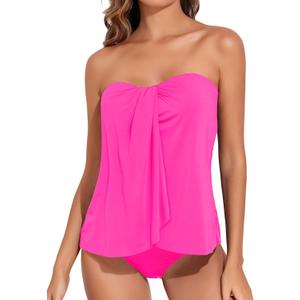 Tempt Me Two Piece Tankini Bathing Suits for Women Halter Bandeau Swim Top with Bottom Flyaway Tummy Control Swimsuit (Large, Hot Pink)