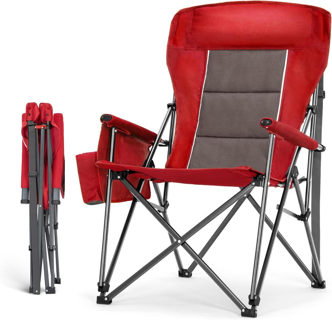 HIGH POINT SPORTS Oversized Folding Camping Chairs for Adults, High Backrest Heavy Duty Lawn Chairs Support 500 LBS Portable Collapsible Camp Chairs with Cup Holders,Side Pocket, Red (Single Pack)