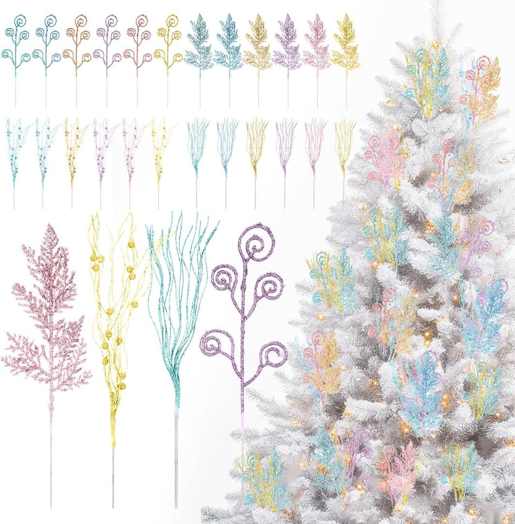72 Pcs Pastel Christmas Tree Picks and Sprays Decoration Candy Christmas Tree Decor Artificial Glitter Berry Stems Pastel Candy Picks Ornaments Branches for Vase Filler Holiday Party Decoration