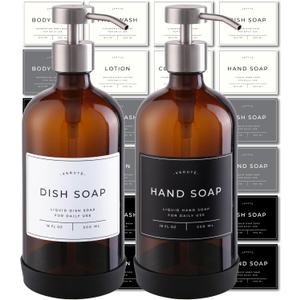 Hand and Dish Soap Dispenser for Kitchen and Bathroom, Set of 2 16 Oz Glass Bottles, Stainless Steel Pumps, Non-Slip Silicone Base, 27 Waterproof Labels (Amber Bottle/Brushed Silver Pump)