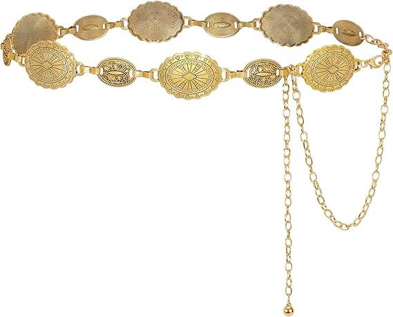 LEACOOLKEY Women Turquoise Concho Chain Waist Belt Silver Western Cowgirl Metal Chain Belt for Dress Adjustable