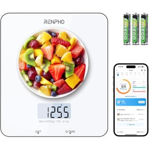 RENPHO Food Scale with Nutritional Calculator, Digital Kitchen Scale for Weight Loss, Smart Food Weight Scale with App for Macro Keto Calorie Cooking, Grams and Ounces, White, 11lb/5kg
