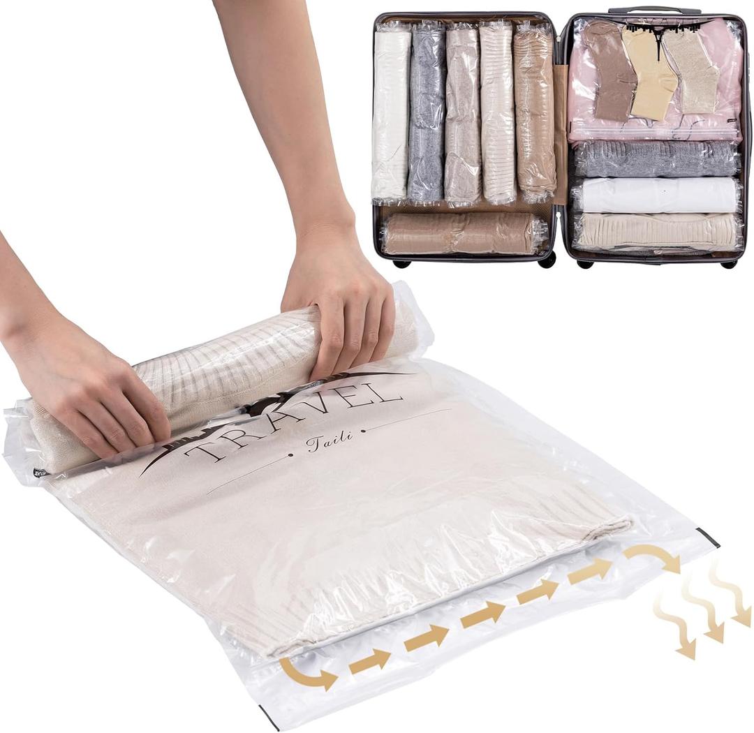 TAILI 12 Pack Travel Compression Bags, Roll Up Space Saver Bags (6 Large+6 Medium), No Vacuum Needed Reusable Packing for Luggage, Suitcase, Backpack, Travel Essentials, Clear