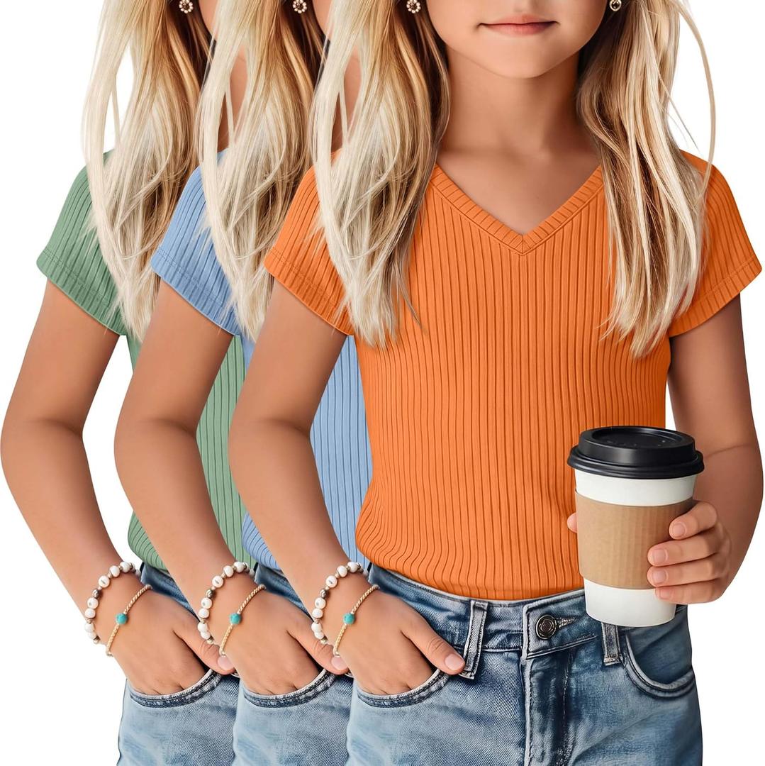 3 Pack Girls Shirts Kids V Neck Short Sleeve Ribbed Knit Tunic Tops Slim Fit Casual Cute Basic Summer Solid Tee, 9-10Y