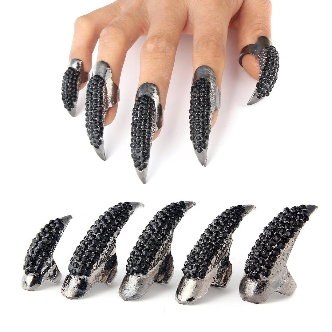 10 Pcs Halloween Costume Fake Finger Claws - Gothic Punk Cosplay Nail Rings - Sparkling Crystals Paved Party Accessories for Girls Women Men - Witch Vampire Paw Fingertip Claw Nails, 3 Sizes - Black