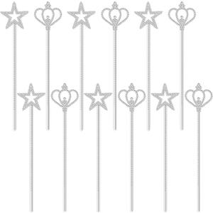 VioraWhite 12 Pcs Silver Star Wand 13 Inch Princess Crown Fairy Wand for Women Plating Magical Sticks Fairy Accessories for Birthday Wedding Party Halloween Cosplay