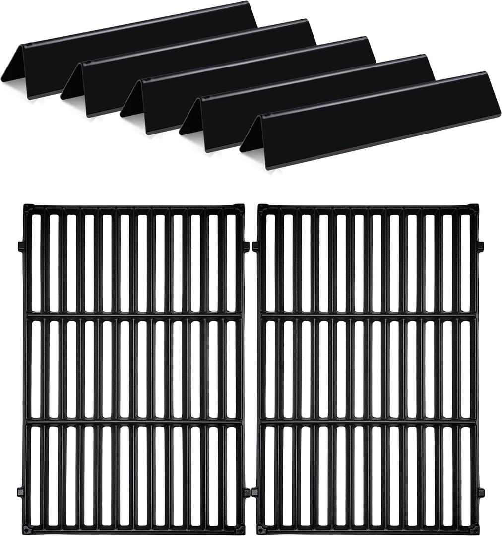 5PACK Porcelain Steel Flavorizer Bars with 2PACK Cast Iron Cooking Grates Grids for Weber Spirit 300 and GS4 Spirit II 300 Series E300 S300 Grill Replacement Parts,69797 68843 7636 7638 Replaces