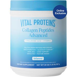Vital Proteins Collagen Peptides Powder Advanced with Hyaluronic Acid & Vitamin C - 20oz Collagen Protein, Unflavored, 28 Servings