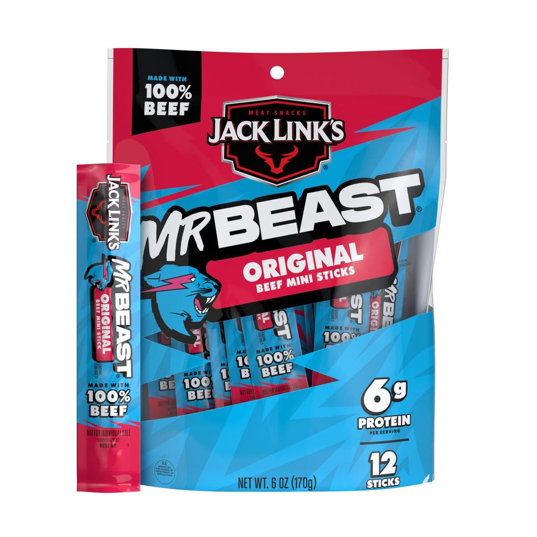 Jack Links x MrBeast Original Mini Beef Sticks  6g Protein per 2 Individually Wrapped Meat Snacks, Made with 100% Real Beef, Pantry-Ready, Kids Snacks, Great Stocking Stuffers, 12 Count 0.5oz Sticks