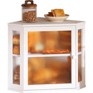 Corner Bread Box for Kitchen Countertop,Bread Storage for Homemade Bread, Double Layer Large Bamboo Kitchen Storage Bin with Window (White, Medium)