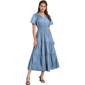ShallWe Women's Black Summer Dress Casual Long Maxi Short Sleeve Layered Cotton V Neck A Line Flowy Dresses for Women 2025 (Medium, Blue)