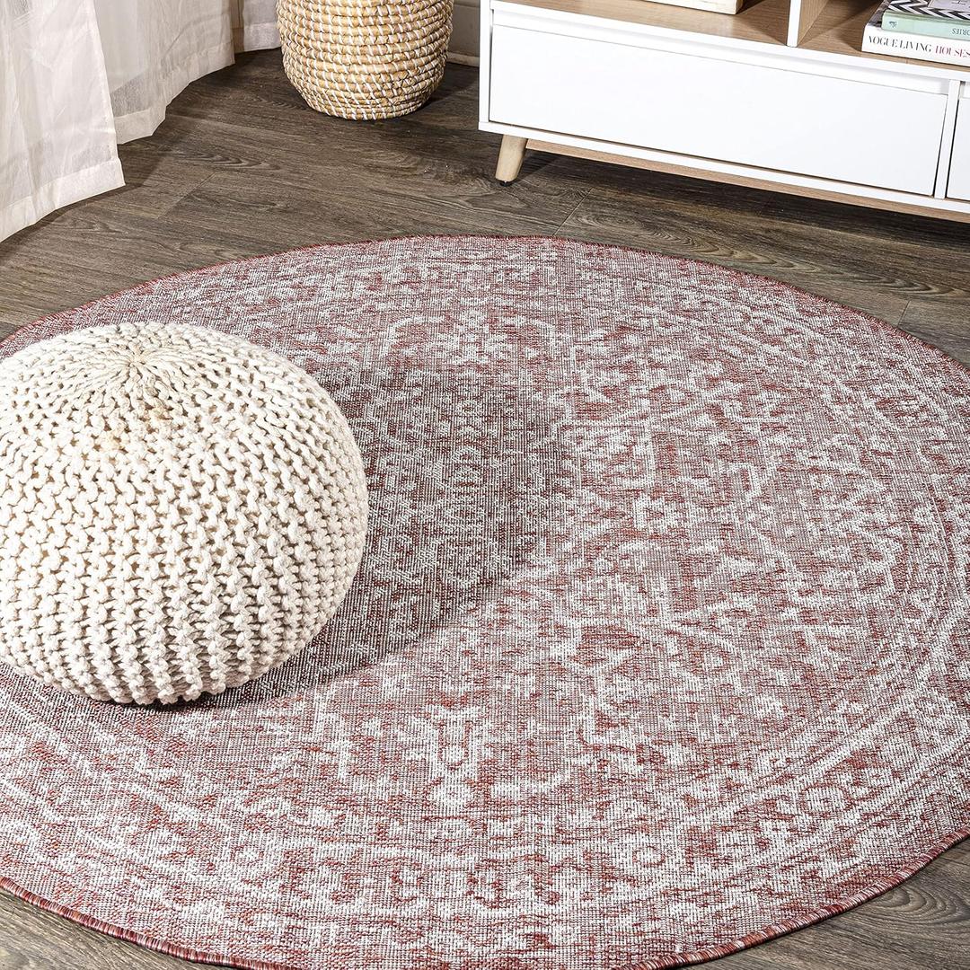 JONATHAN Y Boho Medallion Indoor Outdoor Round Area Rug 4 Ft Red/Taupe, Malta Textured Weave for Backyard, Patio, Porch, Easy-Cleaning, High Traffic, Pet-Friendly, Non-Shedding (SMB104A-4R)