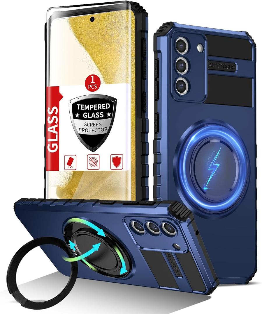 for Samsung Galaxy S22 Plus Case Magnetic Compatible with Wireless Charging,Phone Case with Screen Protector,Built-in Kickstand Ring Military Grade Drop Shockproof Heavy Duty Protection Blue