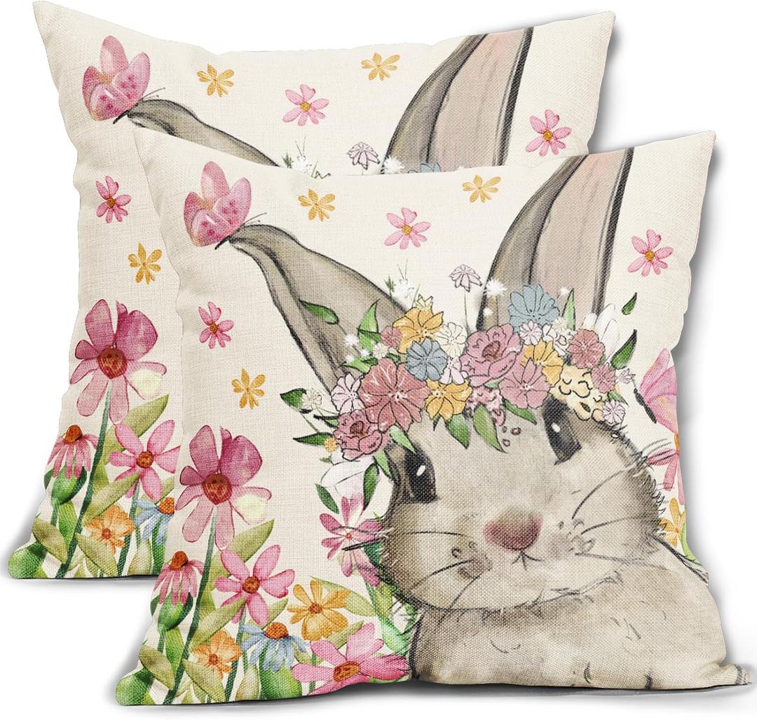 Spring Easter Pillow Covers 18x18 Set of 2 Cute Bunny Rabbit Floral Easter Decorations Watercolor Pink Flower Butterfly Decorative Throw Pillow Cases Outdoor Farmhouse Decor for Sofa Couch Bed