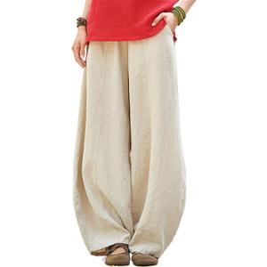 Women's Casual Cotton Linen Baggy Pants with Elastic Waist Relax Fit Lantern Trouser, Medium