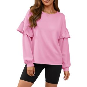 Fisoew Womens Crewneck Sweatshirts Fall Casual Ruffle Long Sleeve Roll Hem Loose Cropped Pullover Tops (Pink)