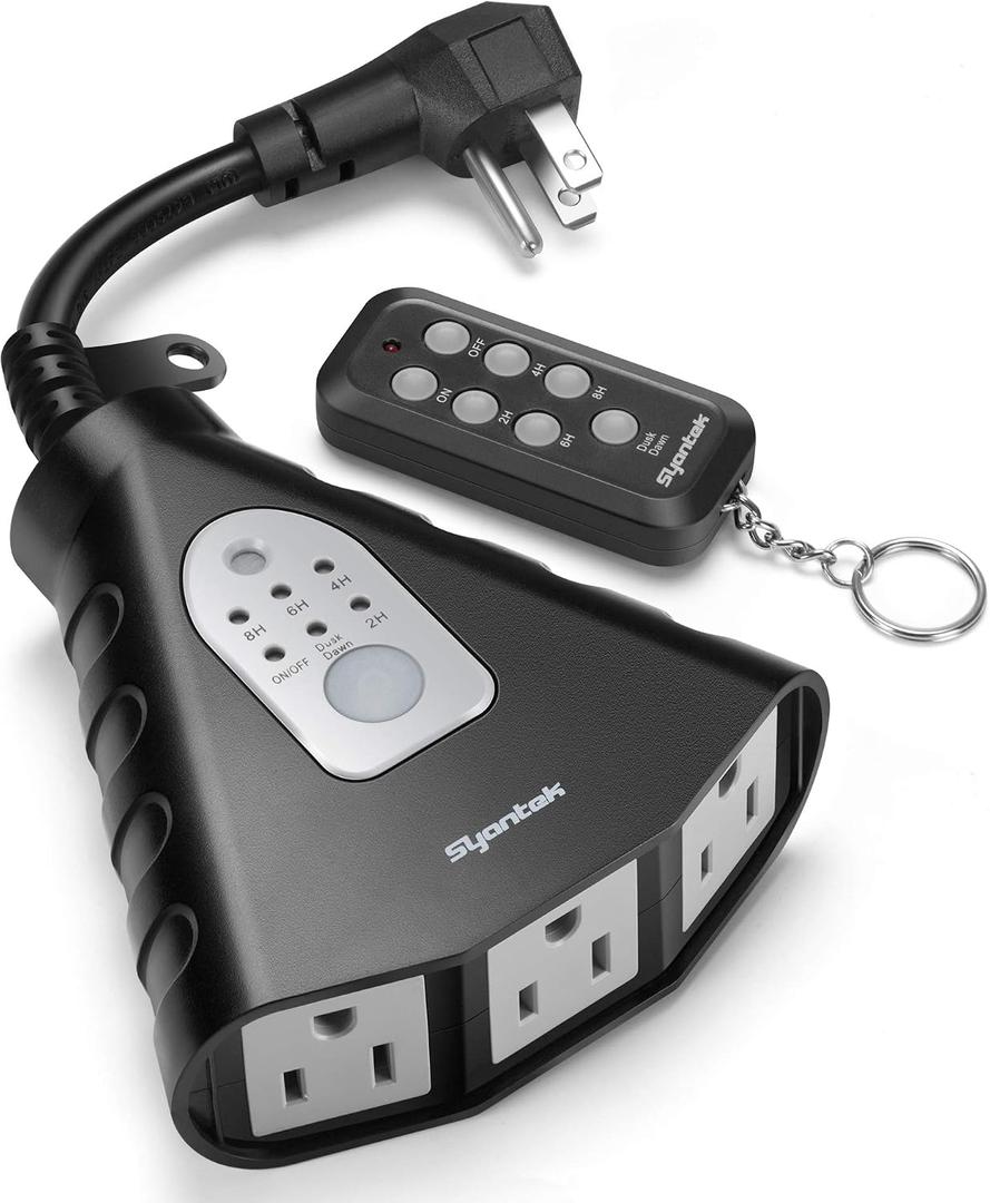 Syantek Outdoor Light Timer, Waterproof Outdoor Remote Control Outlets, Dusk to Dawn Light Sensor and Countdown Timer, 100 ft Range Remote Control with 3 Ground Outlets, ETL Listed
