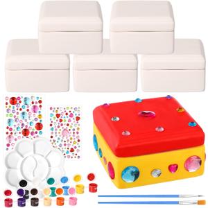 Teenyyou 14 Pcs Paint Your Own Ceramic Jewelry Boxes Craft Set Include 6 Unpainted Jewelry Storage Organizer 2 Strips of Paints with 2 Brushes 1 Palette 3 Diamond Stickers(Unfinished Square)