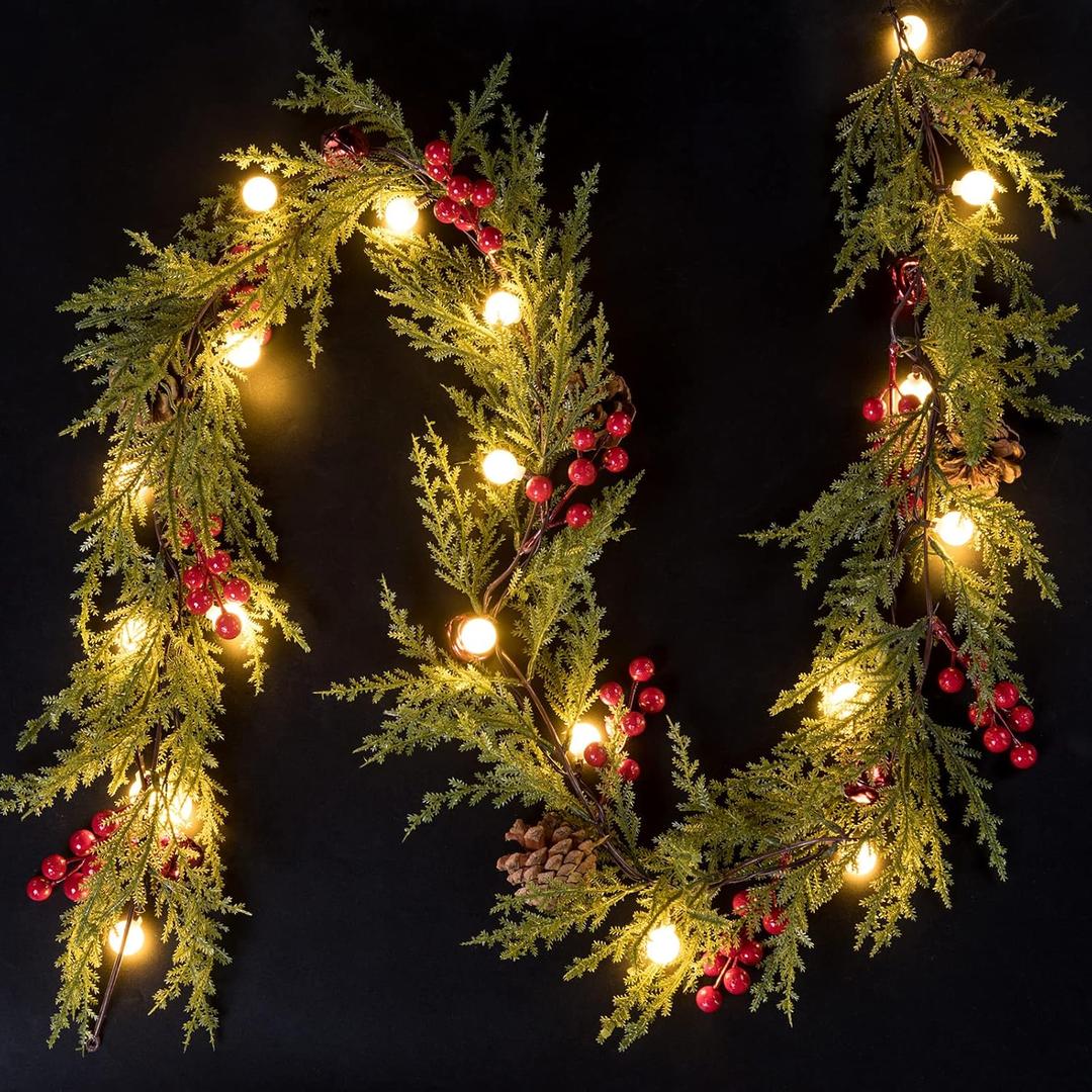 Quntis Christmas Garland with 20 Globe Lights, 2 Pack 5.7FT Artificial Red Berry Garland Christmas Decorations PineCones Bells, Lighted Garland for Mantel Door Fireplace Table Holiday Indoor Outdoor