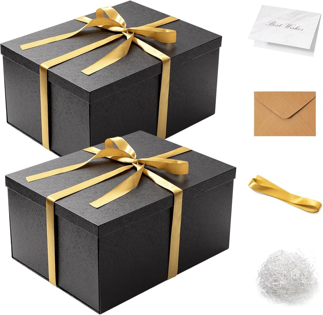 Mefleet 2 Pack Large Gift Box with Lid for Presents 16x12x8 Inches Big Deep Black Gift Boxes for Christmas, Birthday, Valentine's Day,Mother's Day Presents - Contains Crinkle Paper,Ribbon and Card