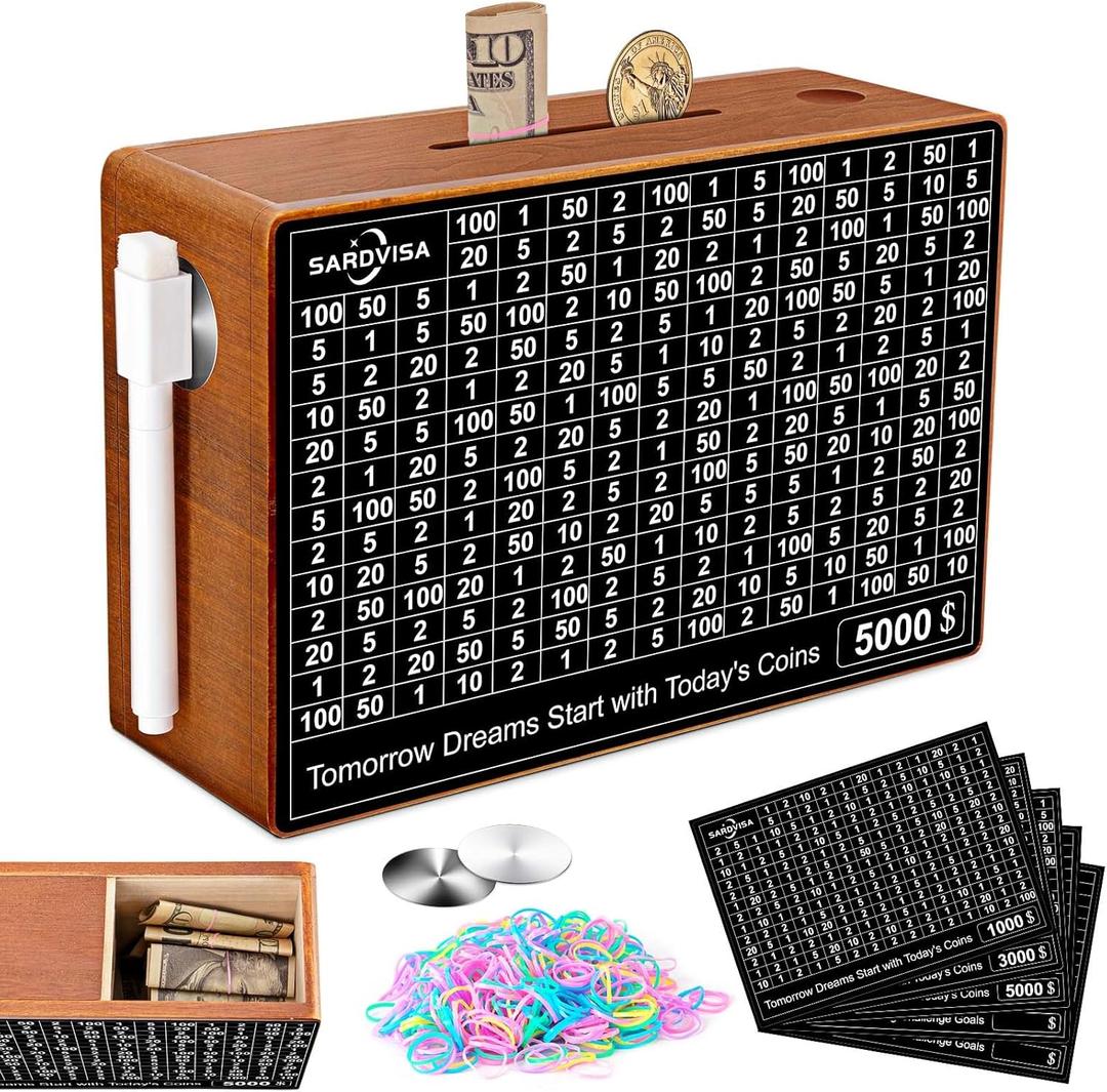 Wooden Money Saving Box, Upgraded All-in-One Cash Savings Box with 10k, 5k, 3k, 1k Challenge Target Trackers, Reusable Piggy Bank for Adults & Kids, Cash Vault Bank w/Sliding Lid