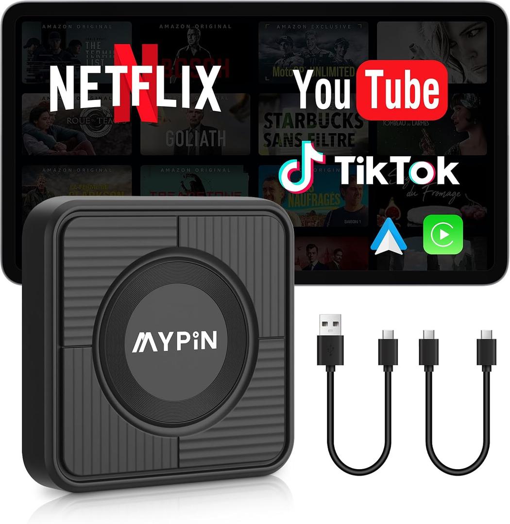 Upgraded Wireless CarPlay Adapter, 3in1 Wireless Carplay & Android Auto& Video Adapter, Built in Netflix YouTube Support TF Card, Plug & Play, USB Type C, USB Type A Compatible with iPhone & Android