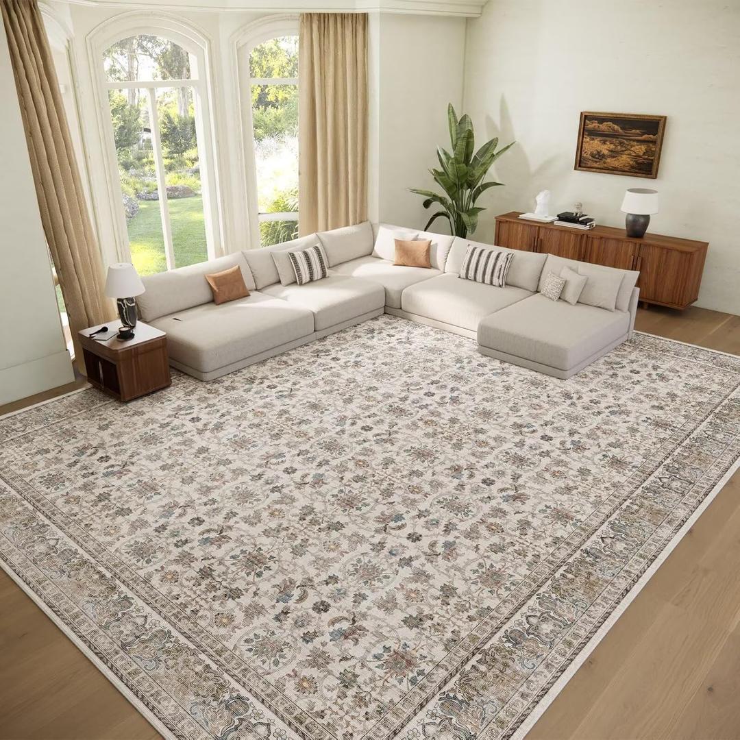 Washable 10x14 Area Rugs for Living Room, Boho Non-Slip Vintage Distress Large Rugs for Bedroom Dining Room Office, 0.3" Neutral Oriental Throw Thin Carpet, Cream/Blue/Orange/Multi