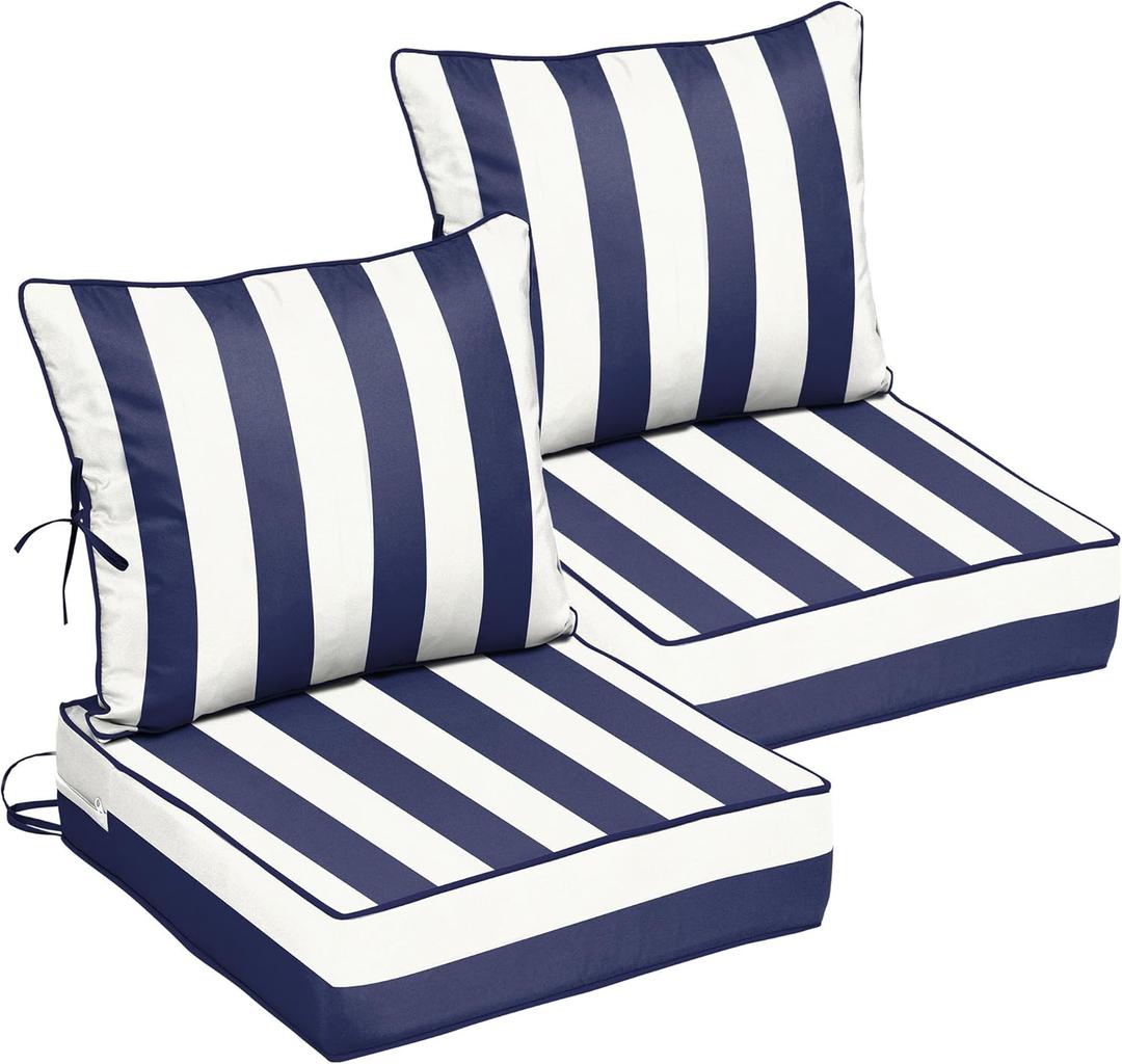 22x22 Outdoor Chair Cushions Set of 2, Waterproof Deep Seat Cushions for Patio Furniture with Removable Cover, Fade Resistant 4'' Outdoor Seat Cushion with Ties Handle for Sofa Couch, Blue Stripe, 22x22x4in-2Set
