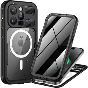 Lanhiem Magnetic for iPhone 15 Pro Max Waterproof Case, Built-in Privacy Screen Protector, Compatible with MagSafe, Anti-Spy Full Body Phone Case for iPhone 15 Pro Max 6.7", Black