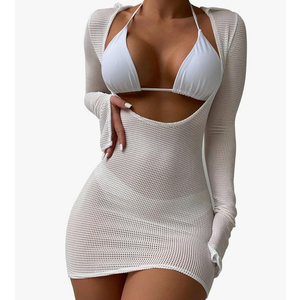 Lilosy Sexy Long Sleeve Mesh Swimsuit 3 Pieces Cover Up Bikini Set M